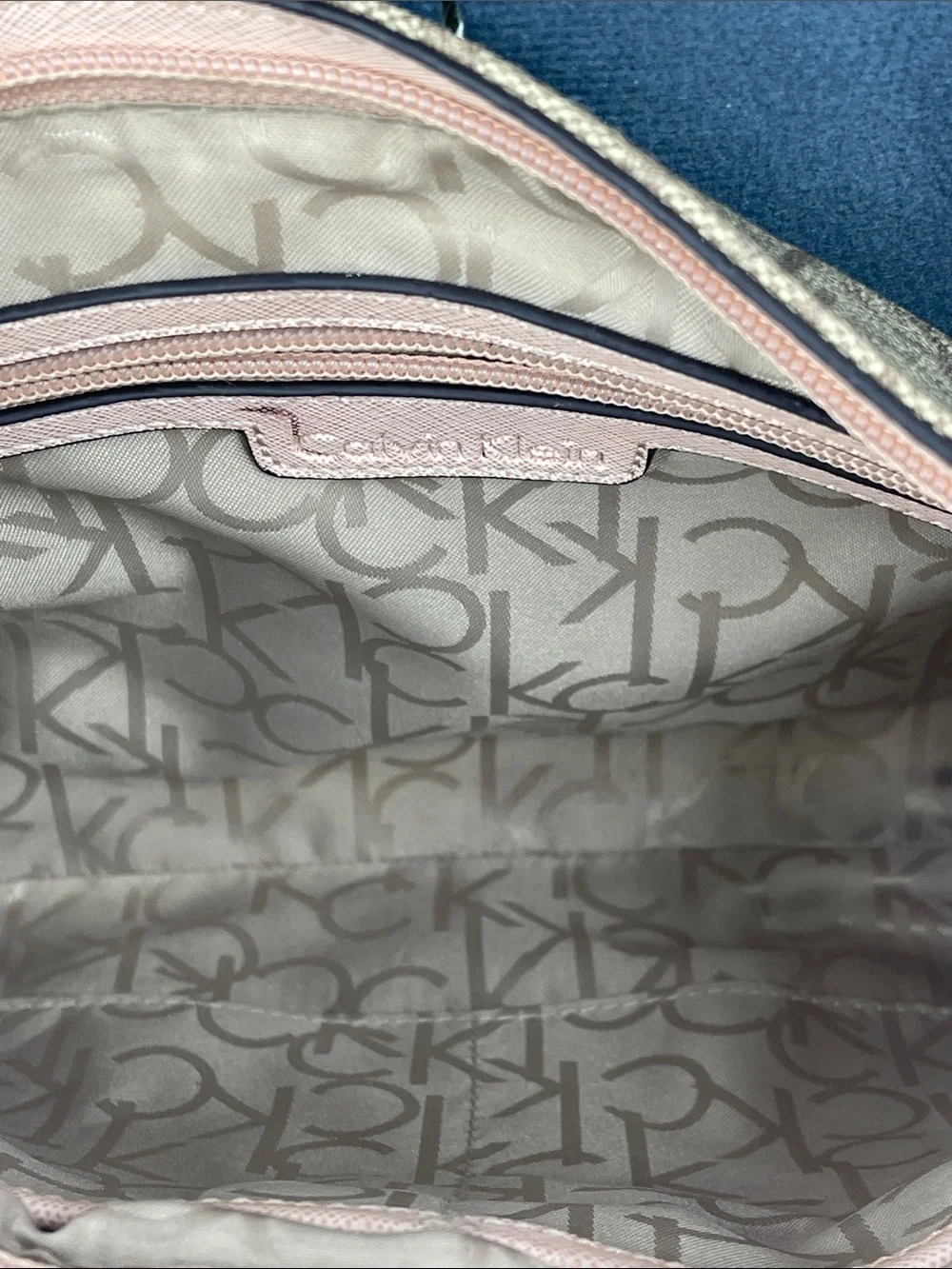 Calvin Klein Beige Monogram Crossbody with Pink Trim